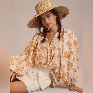 Mille Resort Travel White Orange Floral Cotton Blouse XS boho indie fesival